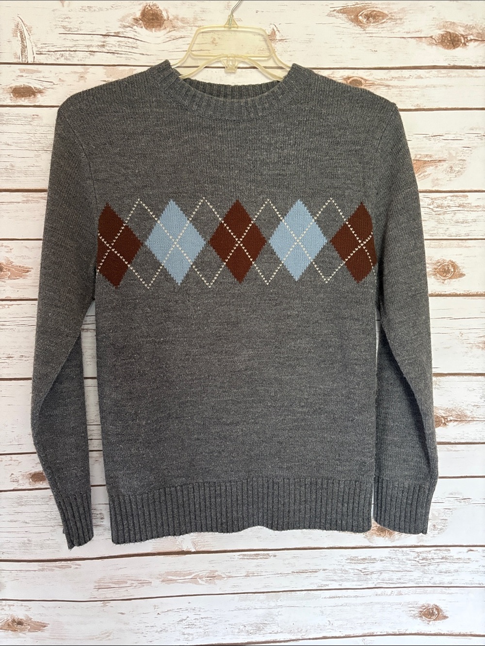 Men's Classic Blue Ink Gray Argyle Crewneck Sweater - Size S